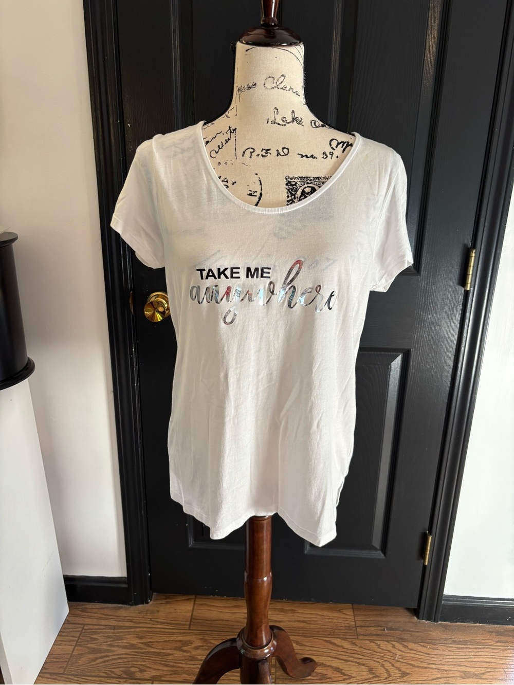 entro White Short-Sleeve Tee with Metallic 'Take Me Anywhere' Graphic